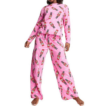 Xingqing Лешникотрошачка Коледни пижами y2k Дамски ежедневни облекла с принт с кръгло деколте Тениска с дълъг ръкав Горнища и панталони Розово спално облекло