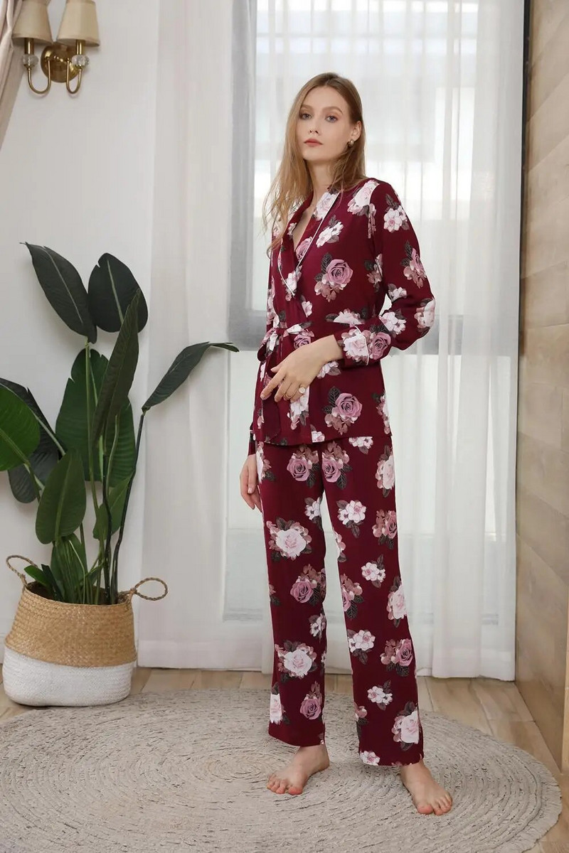 Ženska pidžama s crvenim cvjetnim printom, 2 kom., duge hlače i gornji dio ogrtača s remenom oko struka, spavaćica, ženska ležerna spavaćica, kućno odijelo