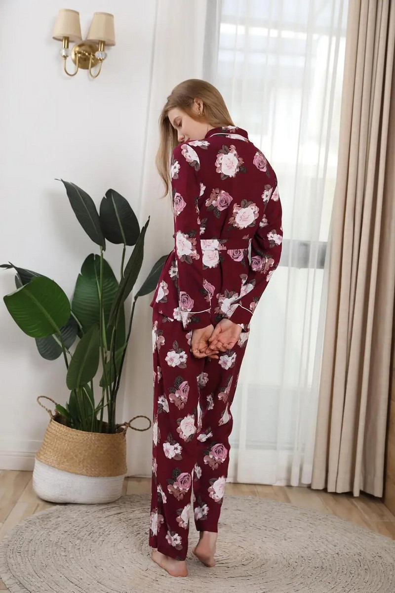 Ženska pidžama s crvenim cvjetnim printom, 2 kom., duge hlače i gornji dio ogrtača s remenom oko struka, spavaćica, ženska ležerna spavaćica, kućno odijelo
