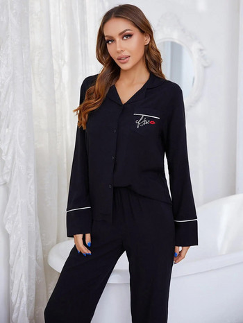 Зимен комплект пижами с щампа на букви Дамски комплект пижами с дълги ръкави Едноцветно черно спално облекло Меко закопчаване Дамско облекло Pjs Комплект нощно облекло S-XL