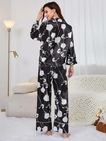 Копринен сатенен дамски пижамен комплект с флорални щампи Горнище с яка и назъбена яка с дълги ръкави и широки крачоли по цялата дължина от 2 части, спално облекло от плат