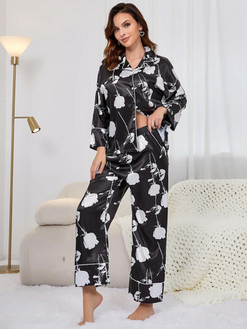 Копринен сатенен дамски пижамен комплект с флорални щампи Горнище с яка и назъбена яка с дълги ръкави и широки крачоли по цялата дължина от 2 части, спално облекло от плат