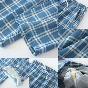 Мъжки меки шнурове Домашен памук Лято Есен Спално облекло с ластик на талията Ежедневни пижами Панталони Карирани долнища на пижами Панталони