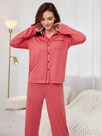 Дамски комплект пижами с дълги ръкави, есенна яка, спално облекло с копчета и панталони, едноцветно нощно облекло от 2 части, дамско домашно облекло от плат