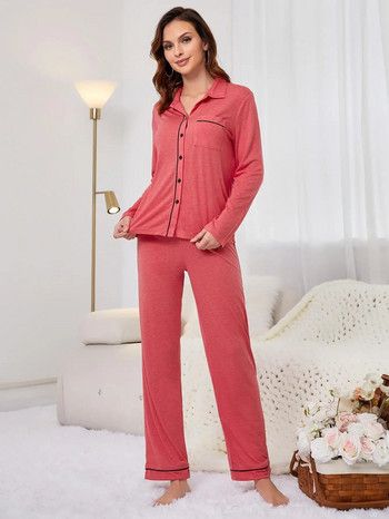 Дамски комплект пижами с дълги ръкави, есенна яка, спално облекло с копчета и панталони, едноцветно нощно облекло от 2 части, дамско домашно облекло от плат