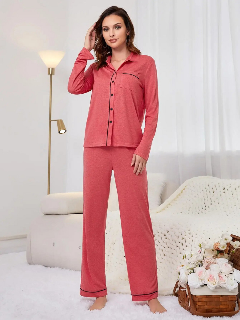 Pikkade varrukatega sügisene naiste pidžaamakomplekt Keerake kraega magamisriiete nööbiga ülaosa ja püksid, 2-osaline ööriided, naiste riietusriie