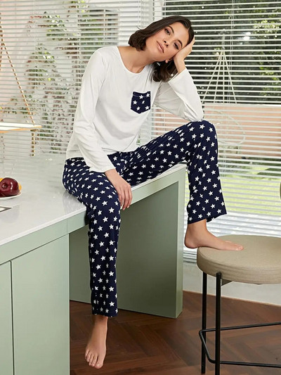 Ženske pidžame dugih rukava Top s O izrezom i džepom na prsima Hlače s 5 zvjezdica Pižama Žensko dvodijelno odijelo za kuću