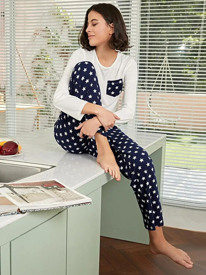 Ženske pidžame dugih rukava Top s O izrezom i džepom na prsima Hlače s 5 zvjezdica Pižama Žensko dvodijelno odijelo za kuću