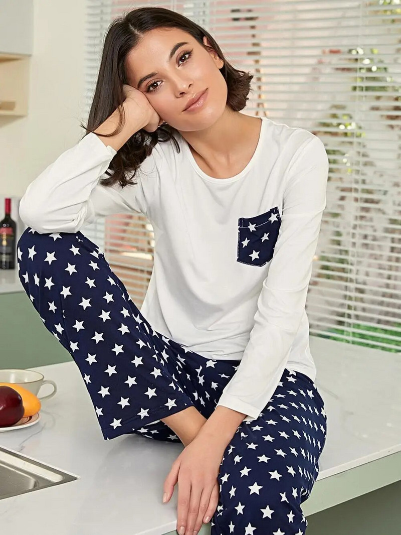 Ženske pidžame dugih rukava Top s O izrezom i džepom na prsima Hlače s 5 zvjezdica Pižama Žensko dvodijelno odijelo za kuću