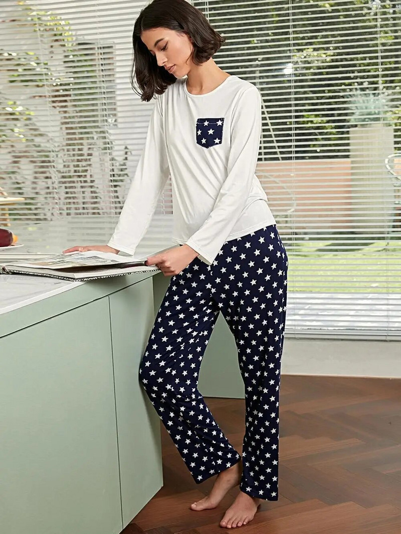 Ženske pidžame dugih rukava Top s O izrezom i džepom na prsima Hlače s 5 zvjezdica Pižama Žensko dvodijelno odijelo za kuću