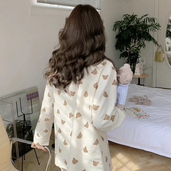 Ризи с карикатурно мече + панталон Комплект пижами от две части Дамски корейски спално облекло с щампа Kawaii Памучен домашен костюм Ретро домашно облекло