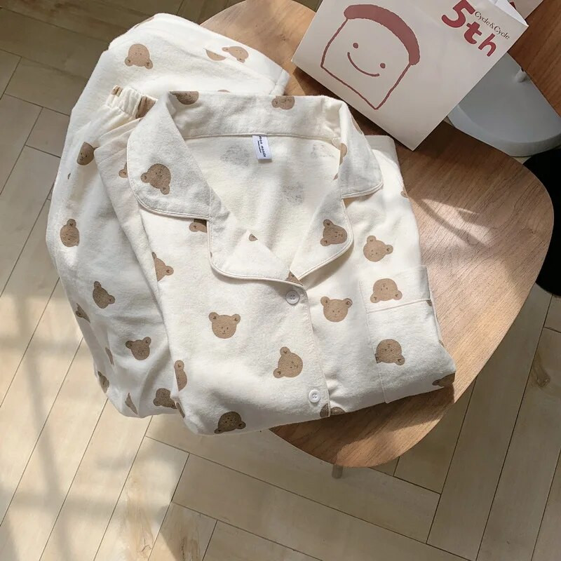 Košulje s medvjedom iz crtanog filma + hlače Dvodijelni komplet pidžama Ženska korejska spavaćica s kawaii printom Pamučno kućno odijelo Vintage kućna odjeća