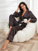 Svileni satenski ženski komplet pidžama s V izrezom i remenom u struku Top i hlače širokih nogavica Pižama dugih rukava 2 komada Jesenska ženska spavaćica