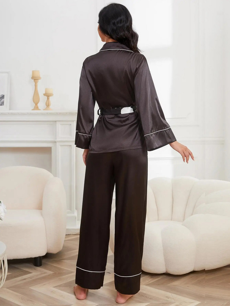 Svileni satenski ženski komplet pidžama s V izrezom i remenom u struku Top i hlače širokih nogavica Pižama dugih rukava 2 komada Jesenska ženska spavaćica