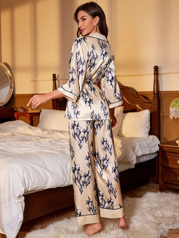 Комплект дамски пижами от копринен сатен, цветна горна част с дълъг ръкав и панталони с пълна дължина, с V-образно деколте и връзки, спално облекло от 2 части, нощно облекло, домашно облекло