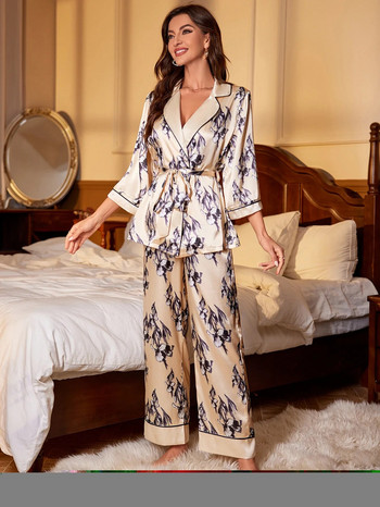 Комплект дамски пижами от копринен сатен, цветна горна част с дълъг ръкав и панталони с пълна дължина, с V-образно деколте и връзки, спално облекло от 2 части, нощно облекло, домашно облекло