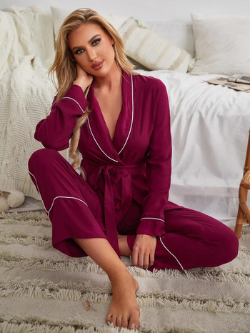 Wrap V-образно деколте, колан за талия Дамски пижамен комплект, едноцветно горнище с дълги ръкави и дълги панталони 2 бр. Спално облекло Дамско нощно облекло Homwear Плат