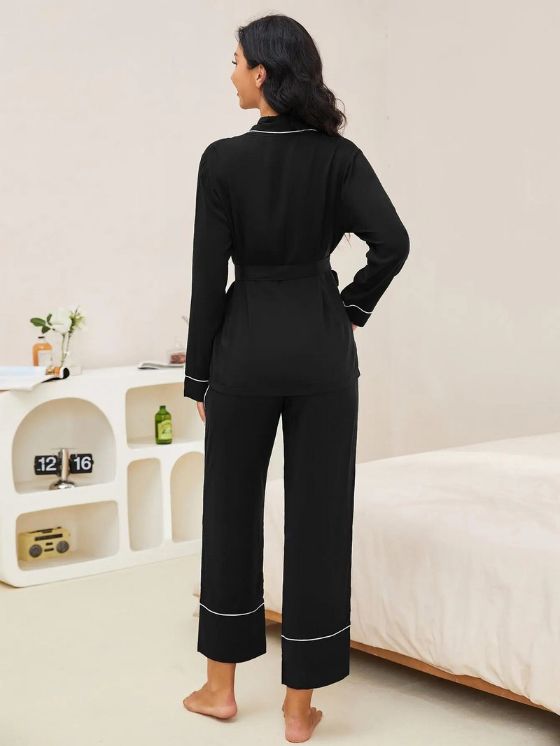 V-kaelusega vöörihm naiste pidžaamakomplekt, pikk varrukatega topp ja pikad püksid, 2 tükki magamisriided, naiste ööriided, riided