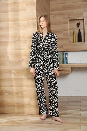 Дамски пижамен комплект с дълъг ръкав и флорален принт Халат и холни панталони Горнище с колан за талия от 2 части с панталон Спално облекло Костюм с V-образно деколте