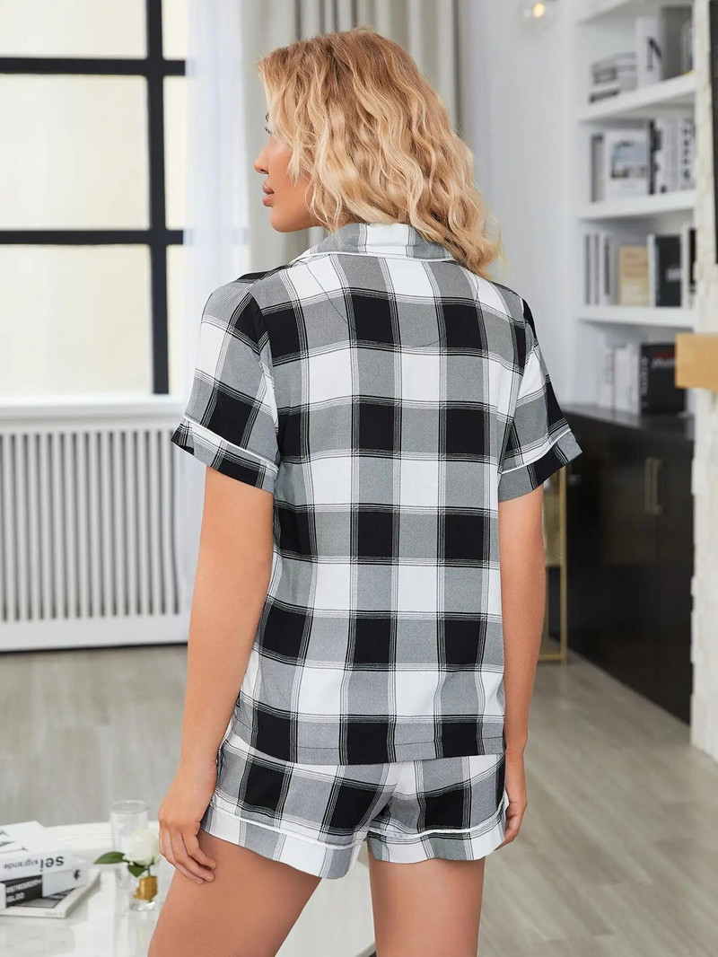 Must-valge ruuduline mustriga naiste pidžaamakomplektid, üherealised, nööriga magamisriided, lahtikäiv krae, koduülikond, naine, 2 tükki