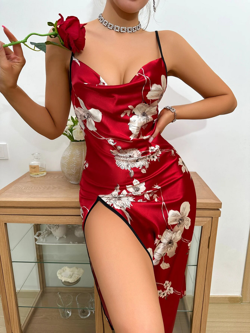 Gėlių raštais puošta naktinė suknelė be nugarų Elegantiška V kaklo aukšto spagečių juosta miegui skirta suknelė Moteriškos miegui skirtos suknelės