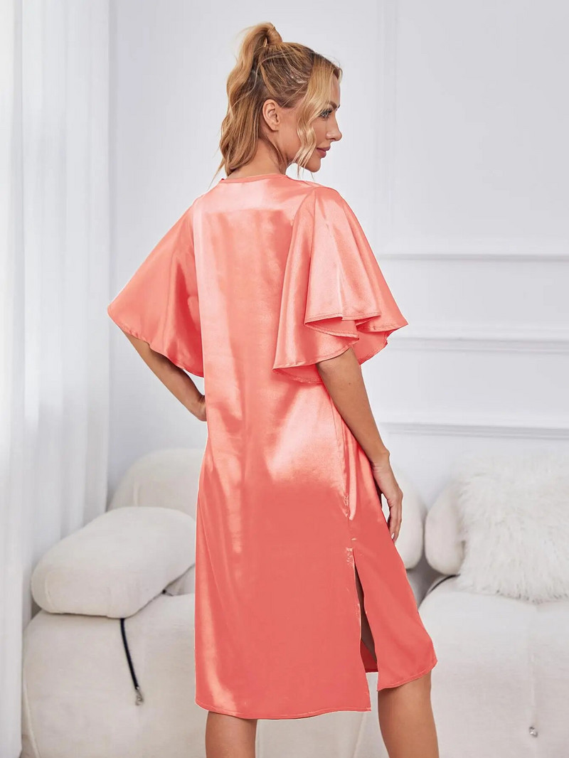 Μεταξωτό σατέν γυναικείο νυχτικό σε σπαστό πλάι Σέξι πυζά V λαιμόκοψη Καλοκαιρινό κοντομάνικο νυχτικό Φόρεμα πιτζάμες Εσώρουχα