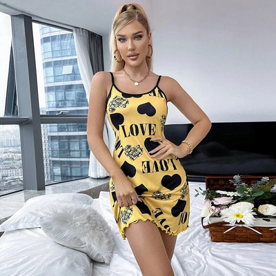 Σέξι εσώρουχα νυχτερινό φόρεμα V λαιμόκοψη Γυναικείο χαριτωμένο νυχτικό πιτζάμες με στάμπα καρδιάς Πυζά με λουράκι σπαγγέτι Νυχτικά για κορίτσια Ενδύματα σπιτιού