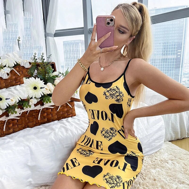 Σέξι εσώρουχα νυχτερινό φόρεμα V λαιμόκοψη Γυναικείο χαριτωμένο νυχτικό πιτζάμες με στάμπα καρδιάς Πυζά με λουράκι σπαγγέτι Νυχτικά για κορίτσια Ενδύματα σπιτιού