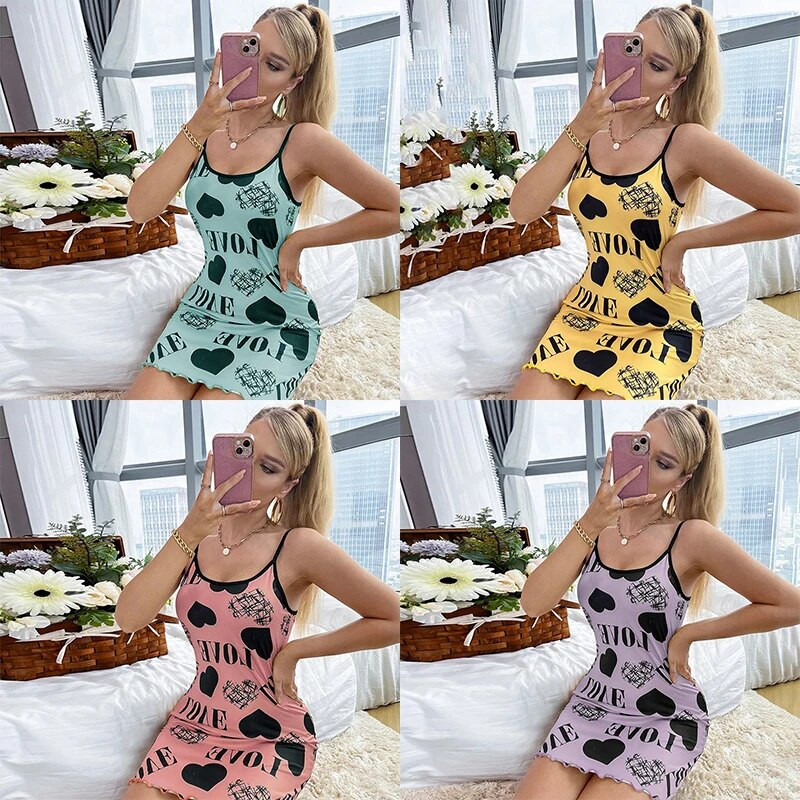 Σέξι εσώρουχα νυχτερινό φόρεμα V λαιμόκοψη Γυναικείο χαριτωμένο νυχτικό πιτζάμες με στάμπα καρδιάς Πυζά με λουράκι σπαγγέτι Νυχτικά για κορίτσια Ενδύματα σπιτιού