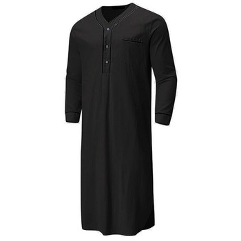 Ανδρική ρόμπα με λαιμόκοψη σε ρολό Κοντό μανίκι Μακριά μακρύ νυχτερινό φόρεμα casual φαρδύ πουκάμισο Kaftan Thobe με τσέπη