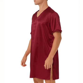 Мъжки пижами от копринен сатен, странична цепка, къси ръкави, V-образно деколте, ежедневно горнище за домашно облекло