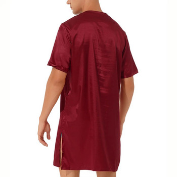 Мъжки пижами от копринен сатен, странична цепка, къси ръкави, V-образно деколте, ежедневно горнище за домашно облекло