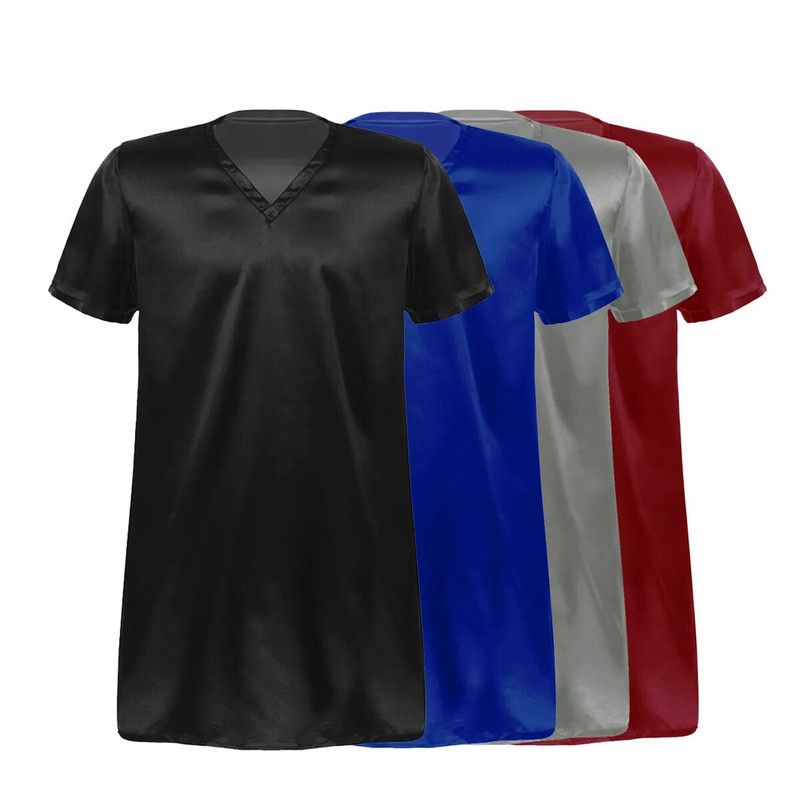 Muška svilena satenska pidžama s bočnim prorezom i kratkim rukavima s V-izrezom, ležerna kućna odjeća