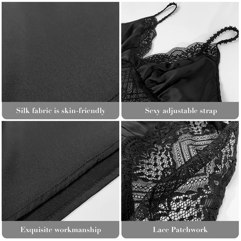 Seksi spavaćica s V izrezom, spavaćica, ženska spavaćica na čipku, svilenkasta patchwork mini haljina za spavanje Femme spavaćica, haljina za spavanje