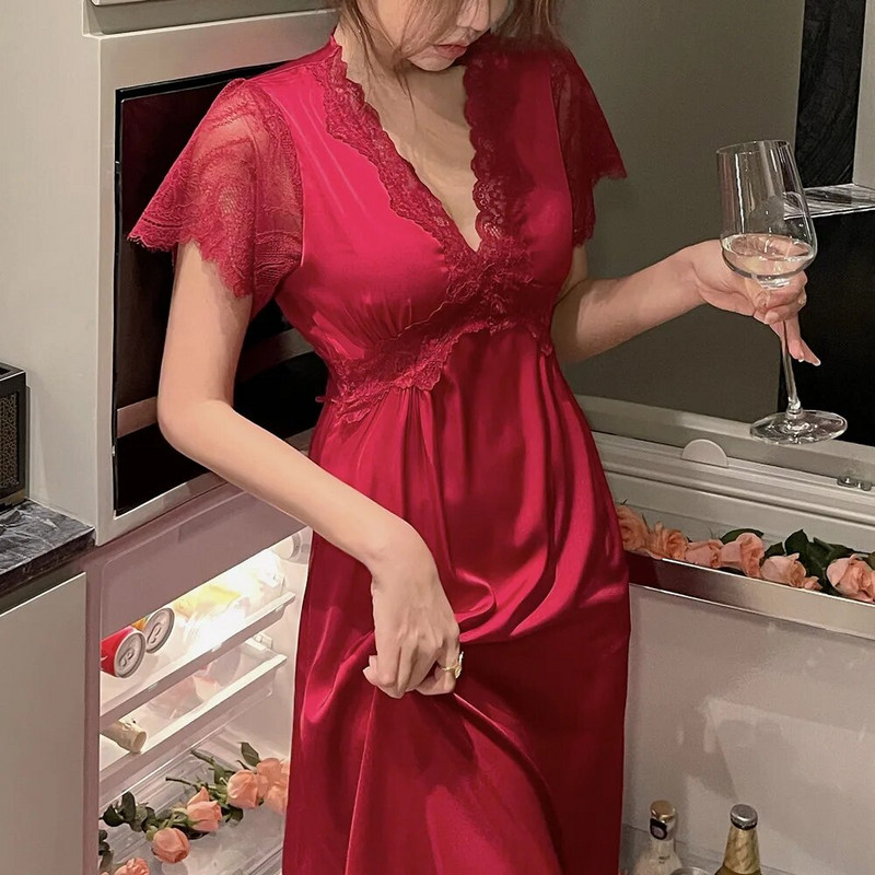 Ljetna satenska spavaćica Ženska spavaćica s grudnjacima Duga čipkana spavaćica kratkih rukava Spavaćica Široko intimno donje rublje Spavaćica