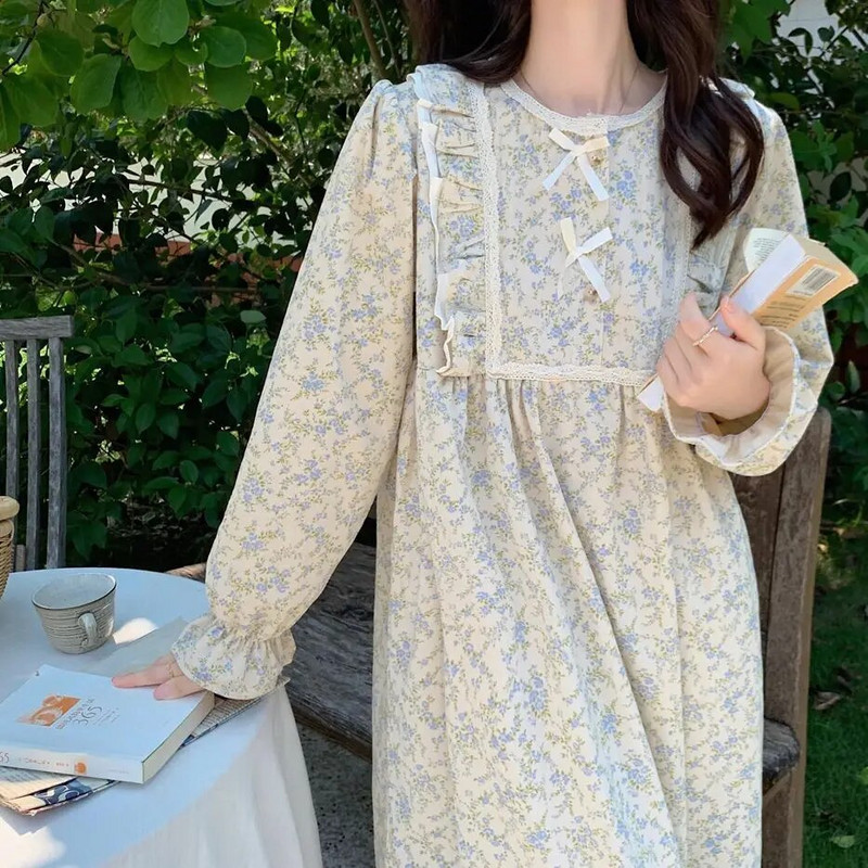 Lillemustriga öösärk naiste Korea stiilis volangidega öökleit ühes tükis pidžaama sügisene pikkade varrukatega vibu Kodukandmine Uus