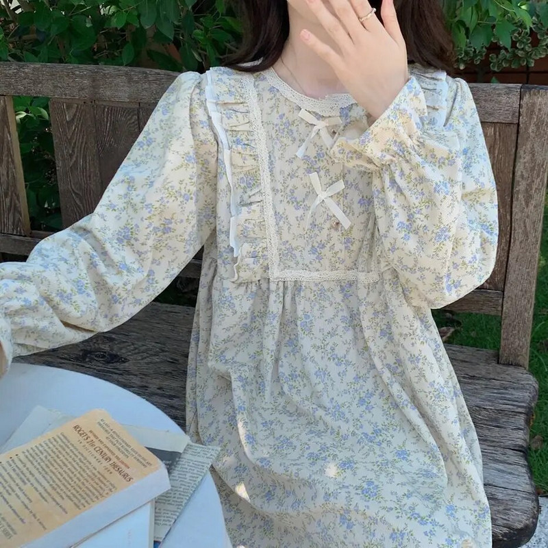 Lillemustriga öösärk naiste Korea stiilis volangidega öökleit ühes tükis pidžaama sügisene pikkade varrukatega vibu Kodukandmine Uus