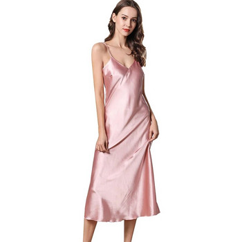 Γυναικείο σατέν νυχτικό Μακρύ φόρεμα ύπνου Sleep dress Silk V Neck Sleepwear Μονόχρωμο νυχτικό