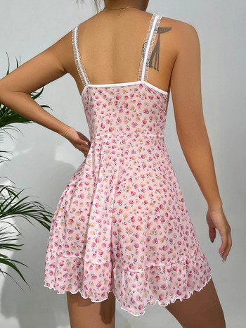Лятна розова пижама, секси рокля с дантелени щампи на цветя за жени, домашна нощница с V-образно деколте и презрамки, камизолка