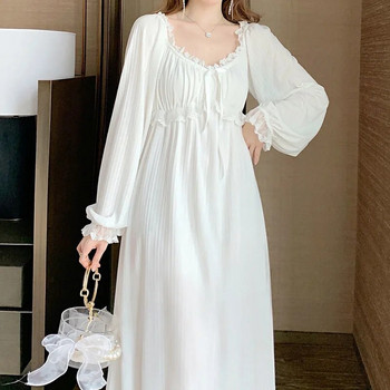 Fdfklak Памучни нощници за жени Нова нощна рокля с дълъг ръкав Голям размер Свободна бяла нощница Дамска нощница Нощна риза
