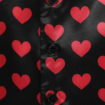 Мъжки сатенени пижами с контрастни цветни щампи на сърца Горнища с къси ръкави и копчета надолу Горнища за сън Тениски за спално облекло Домашно облекло