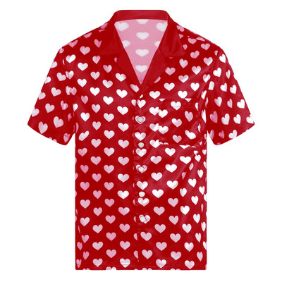 Vyriški kontrastingos spalvos širdelės raštais satininiai pižamos viršutiniai drabužiai trumpomis rankovėmis, užsegami miegui tinkantys marškinėliai, skirti namų drabužiams