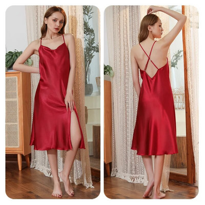 Σατινέ νυχτικά Σέξι νυχτικό με λουράκι με λουράκι Negligee νυχτικό σε τσάντες με βαθύ V λαιμόκοψη