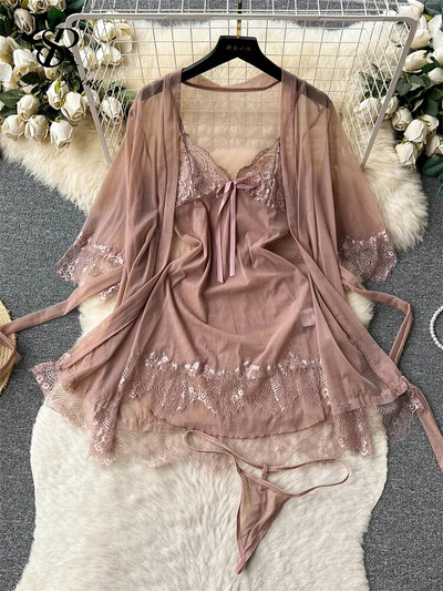 SINGREINY sieviešu seksīgi mežģīņu naktstērpu tērpi caurspīdīga īsa kleita + tīklveida jakas + siksnas 2023. gada caurspīdīgi erotiski porno naktskreklu komplekti