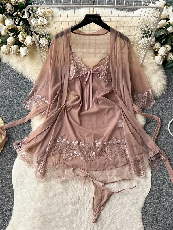 SINGREINY sieviešu seksīgi mežģīņu naktstērpu tērpi caurspīdīga īsa kleita + tīklveida jakas + siksnas 2023. gada caurspīdīgi erotiski porno naktskreklu komplekti