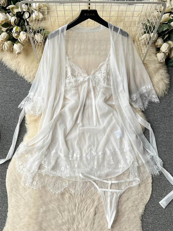 SINGREINY sieviešu seksīgi mežģīņu naktstērpu tērpi caurspīdīga īsa kleita + tīklveida jakas + siksnas 2023. gada caurspīdīgi erotiski porno naktskreklu komplekti