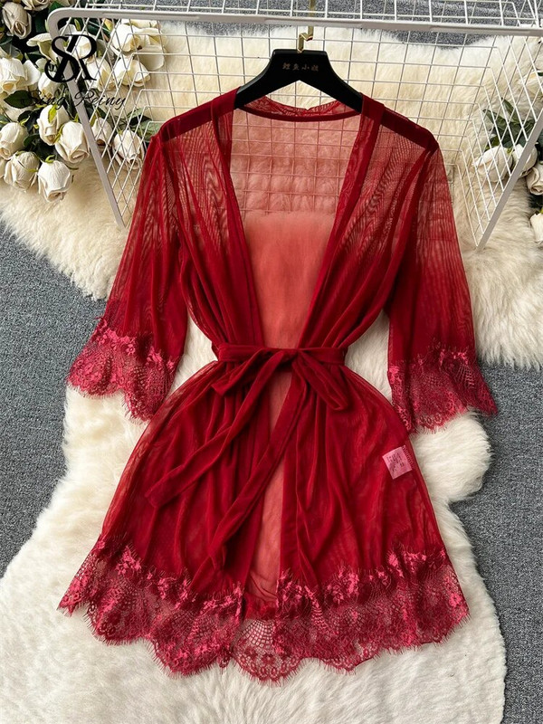 SINGREINY sieviešu seksīgi mežģīņu naktstērpu tērpi caurspīdīga īsa kleita + tīklveida jakas + siksnas 2023. gada caurspīdīgi erotiski porno naktskreklu komplekti