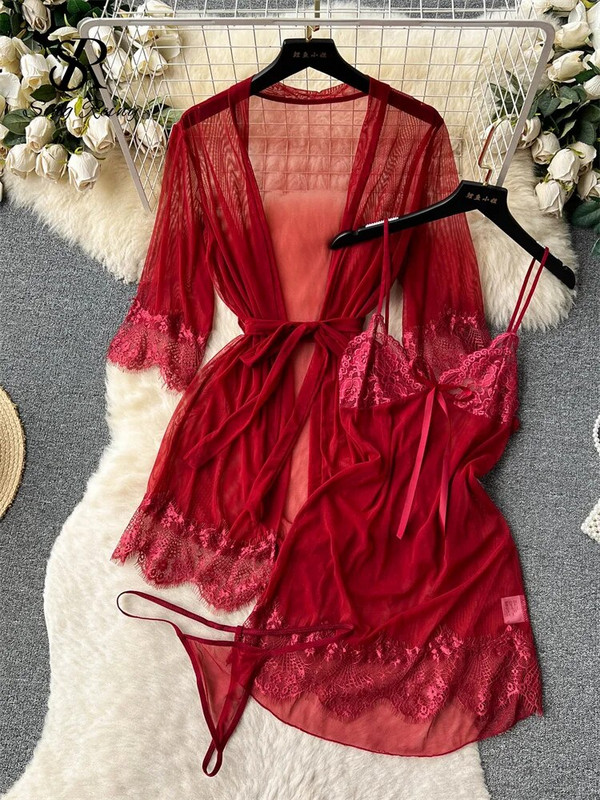 SINGREINY sieviešu seksīgi mežģīņu naktstērpu tērpi caurspīdīga īsa kleita + tīklveida jakas + siksnas 2023. gada caurspīdīgi erotiski porno naktskreklu komplekti