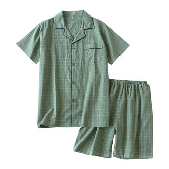 2023 Мъжки пижамен комплект с къс ръкав Спално облекло Памучно домашно облекло с решетка