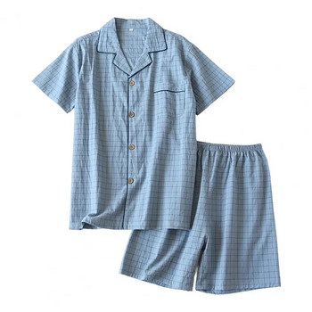 2023 Мъжки пижамен комплект с къс ръкав Спално облекло Памучно домашно облекло с решетка